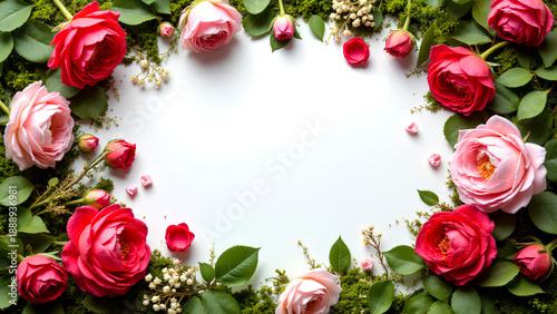 Surreal arrangement of red and pink rose flowers with green leaves and small white blossoms surrounding white space creating beautiful floral frame for creative design or message