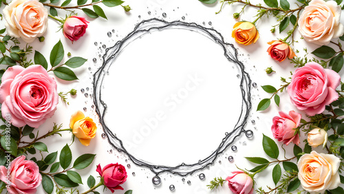 Surreal floral frame with pink and orange rose flowers and green leaves surrounding circular water splash on white background creating fresh and elegant composition