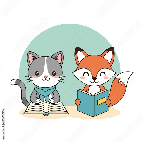 Cat and Fox Reading Together