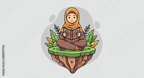 Muslim Girl Reading Book on Floating Island.