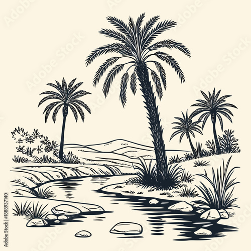 Vibrant desert oasis landscape with lush palm trees and clear blue water, exotic travel vector illustration.