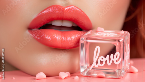 Surreal close up of glossy lips with coral lipstick near transparent cube with love text and small heart shapes on pink surface creating romantic and dreamy atmosphere