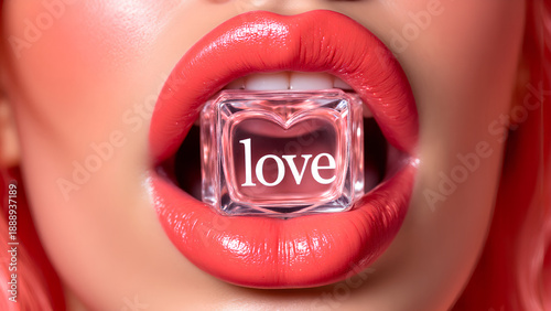 Surreal close up of lips with glossy red lipstick holding transparent heart shaped ice cube with word love inside creating romantic and artistic visual