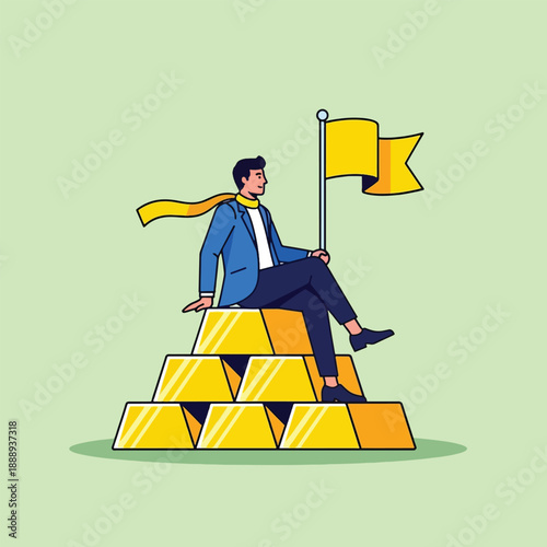 Successful businessman sitting on gold bars with flag symbolizing achievement.