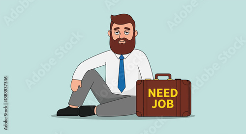 Unemployed Businessman Sitting with Briefcase Needing Job Vector.