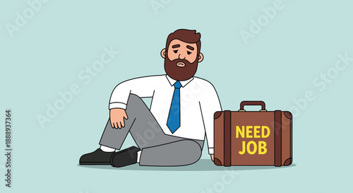 Unemployed Businessman Sitting With Briefcase Needing Job Illustration