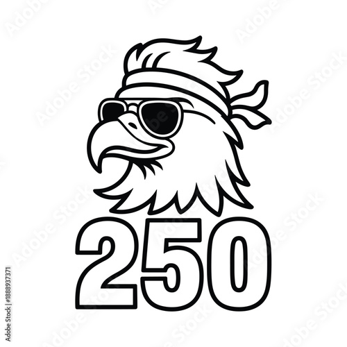 Stylized outline eagle head with sunglasses and headband wearing a bandana and the number 250
