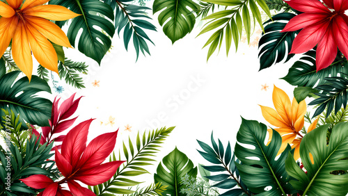 Surreal tropical frame with vibrant red and orange flowers surrounded by lush green leaves creating vivid and lively border perfect for exotic and natural themes