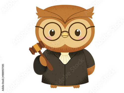 Cute Wise Owl Judge Character in Black Robe Holding Gavel, Kawaii Vector Cartoon Illustration