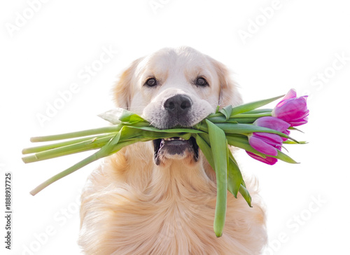 Retriever with a bouquet of tulips