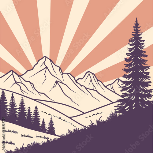 Majestic mountain sunrise landscape with dramatic long light rays, inspiring and awe-inspiring.