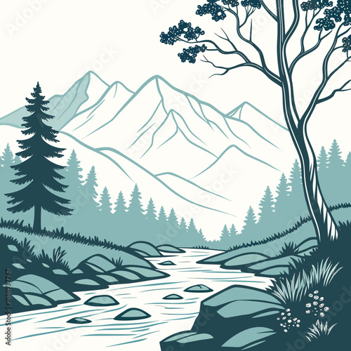 Minimalist vector landscape of a serene mountain river source, clean and natural.