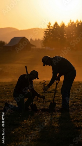 Silhouetted farmers planting trees at sunset. Beautiful vertical countryside scene. Sustainable agriculture concept. Environmentally conscious action for future generations.