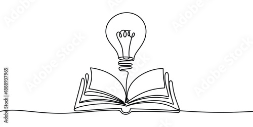 Light bulb and book continuous line illustration, single line vector icon, symbol of inspiration, education, brainstorming, and creative business concept.