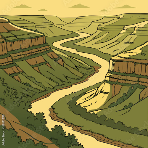 Aerial flat vector design of a dramatic river canyon landscape, showcasing winding water and rugged cliffs.