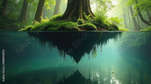 Forest floating upside down above reflective water. 