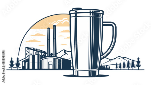 Industrial tumbler heat press silhouette vector graphic with factory landscape