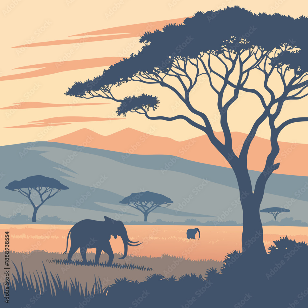 Fototapeta premium Tranquil sunset plain landscape with dramatic long shadows in a clean, flat vector style, perfect for peaceful and expansive backgrounds.