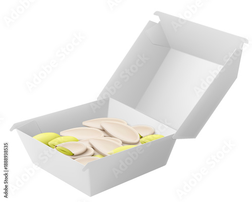 White Food Box with pumpkin seeds isolated on white background. Package with organic seeds. Rich in minerals and protein. Healthy nutrition and vitamins. Realistic 3D Vector mockup