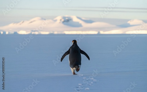 Rear View of a Penguin Running Toward Distant Mountains Across an Open Antarctic Landscape