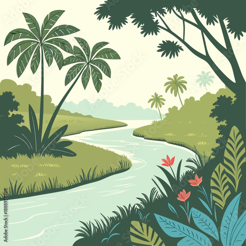 Serene tropical river landscape with smooth, flowing curves in a clean, flat vector style, representing nature's gentle pathways.