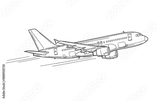 Black and white line drawing of an airplane in flight, angled upwards, with detailed wings and engines. The image conveys a sense of motion and ascent.