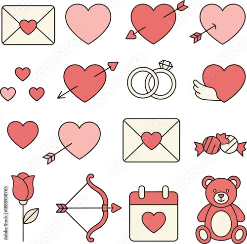 Valentine's Day Icons Set Love, Romance, and Symbols of Affection
