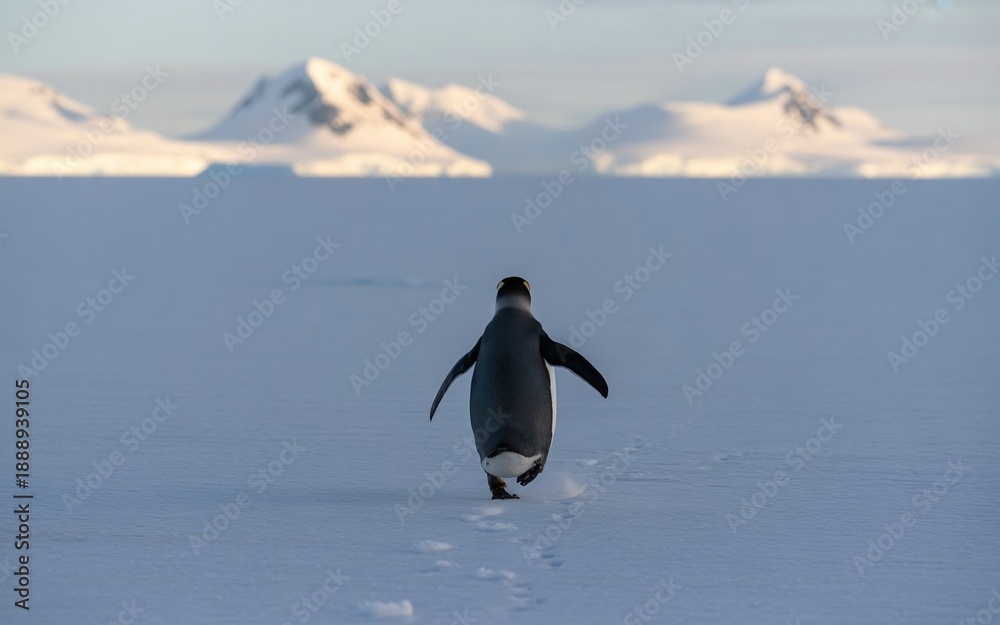 Fototapeta premium Rear View of a Penguin Running Toward Distant Mountains Across an Open Antarctic Landscape
