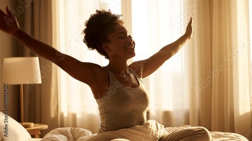 Awakening: Serene Woman Stretching in Morning Sunlight