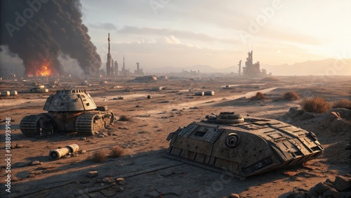 Futuristic battlefield landscape with scorched metallic terrain.
