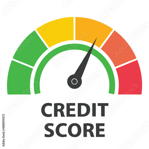 Credit score meter in green zone, indicating excellent financial rating and high creditworthiness.