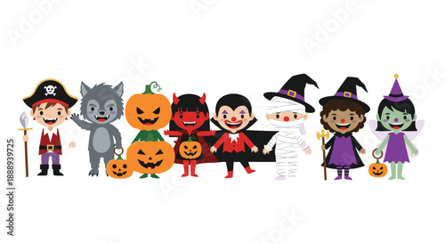 Cute group of diverse children in Halloween costumes standing together in a row, smiling cheerfully.