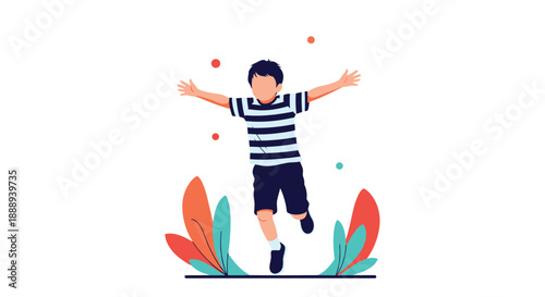 A cheerful illustration of a young boy jumping in the air with his arms outstretched, symbolizing happiness and freedom, with stylized foliage in the foreground.