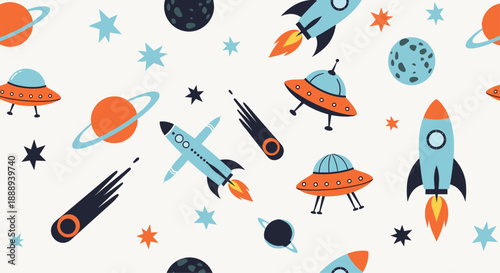 Colorful space-themed pattern with rockets, planets, and UFOs on a cream-colored background, perfect for kids or space lovers.
