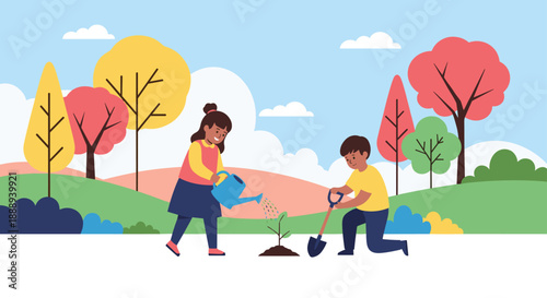 Children planting a tree in a vibrant park setting, promoting environmental care and community involvement.