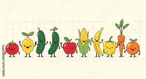 A cheerful illustration of various fruits and vegetables with cute cartoon faces and poses, arranged in a row against a grid background.