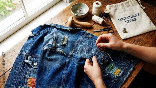 Hands sewing white sashiko embroidery patterns on torn denim jacket, visible mending trend, sustainable fashion repair, upcycling clothes, eco friendly diy.