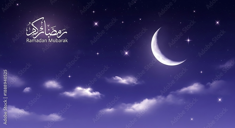 Fototapeta premium Ramadan Mubarak greeting card with crescent moon and stars