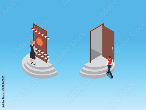 Opportunity and Barrier Concept: Open vs Closed Door Isometric Illustration 3d isometric vector illustration