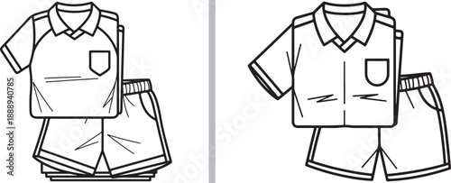 Clean black and white vector outlines of folded soccer uniforms, featuring a collared jersey with a team crest and matching athletic shorts with side stripes.