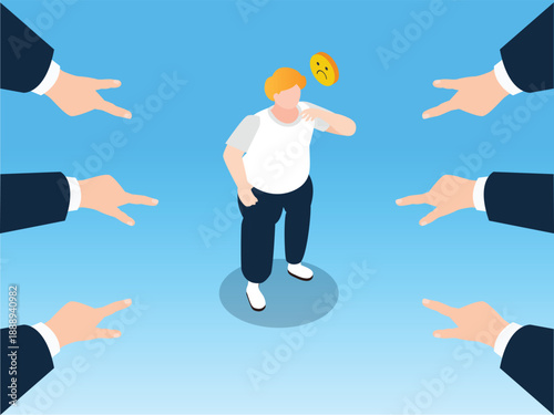 Social Pressure and Workplace Bullying Concept: Man Pointed at by Hands 3d isometric vector illustration