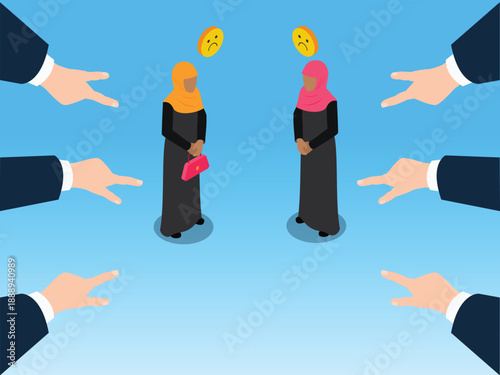 Religious Discrimination and Islamophobia Concept: Muslim Women Pointed at by Hands 3d isometric vector illustration