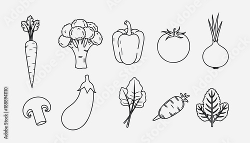 Collection of handdrawn vegetables and fruits line art illustrations