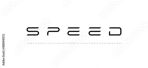 Technical font, digital wide cyber alphabet, semi bold letters from A to Z and numbers from 0 to 9 for you logo designs, vector illustration 10EPS