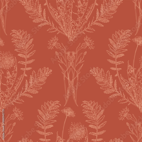 Monochrome wildflower design in terracotta background. Outlined cornflowers and dandelions.