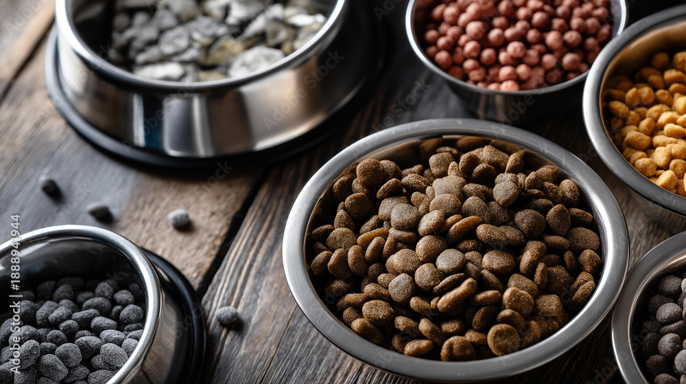 Fototapeta premium Diverse pet food options catering to dietary needs and preferences of furry companions, animal nutrition variety, specialized pet meals, customized feeding choices, with copy space