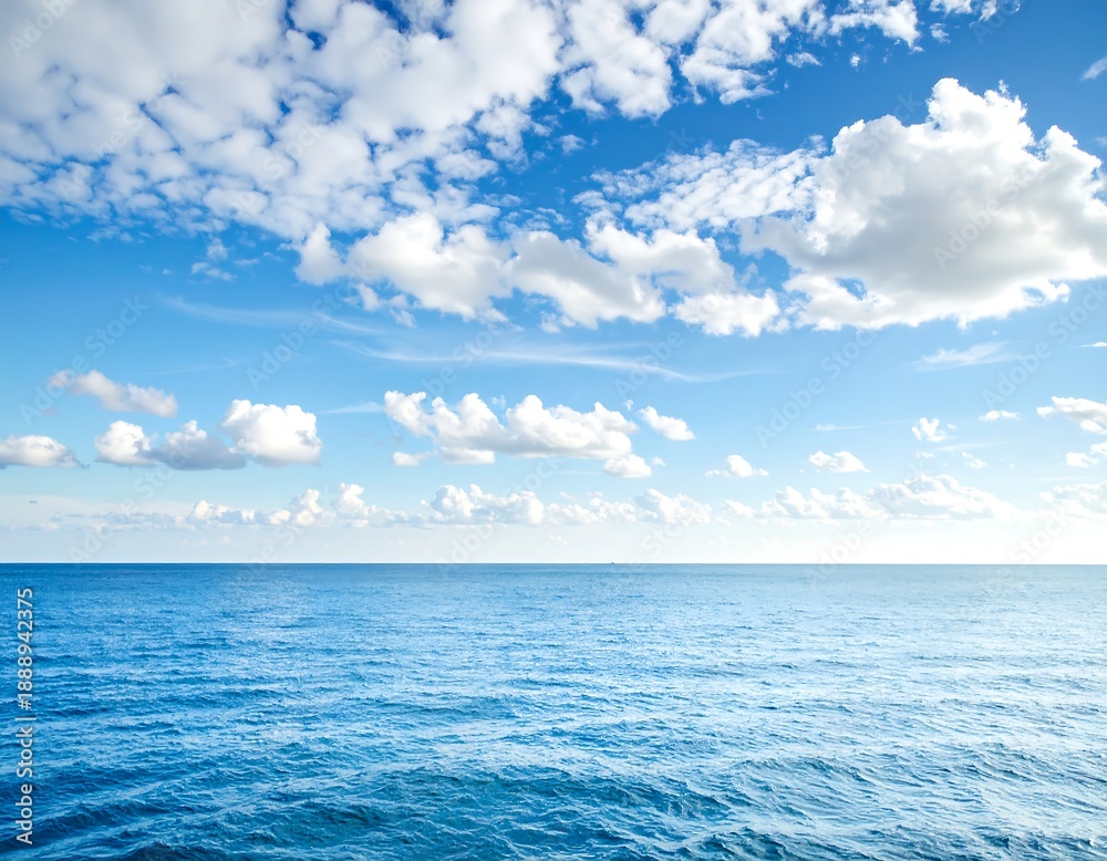 Obraz premium A serene seascape portrays a vibrant blue ocean meeting a partly cloudy sky. The tranquil water stretches to the horizon beneath scattered fluffy white clouds