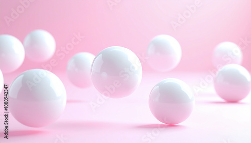 パステルピンク背景に浮遊する白いパール球体の3D抽象ビジュアル、美容成分・スキンケアの清潔感あるミニマル背景 / 3D abstract white pearl spheres floating on pastel pink background, clean minimal skincare and beauty ingredient backdrop