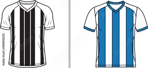 A pair of professional soccer jerseys featuring vertical stripes. One jersey is classic black and white, while the other is vibrant blue and white, both with clean athletic tailoring.