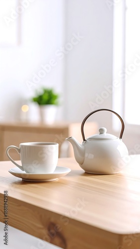 Wallpaper Mural A serene shot depicts a white teacup on a saucer beside a matching teapot with a wooden handle on a light wood table Torontodigital.ca